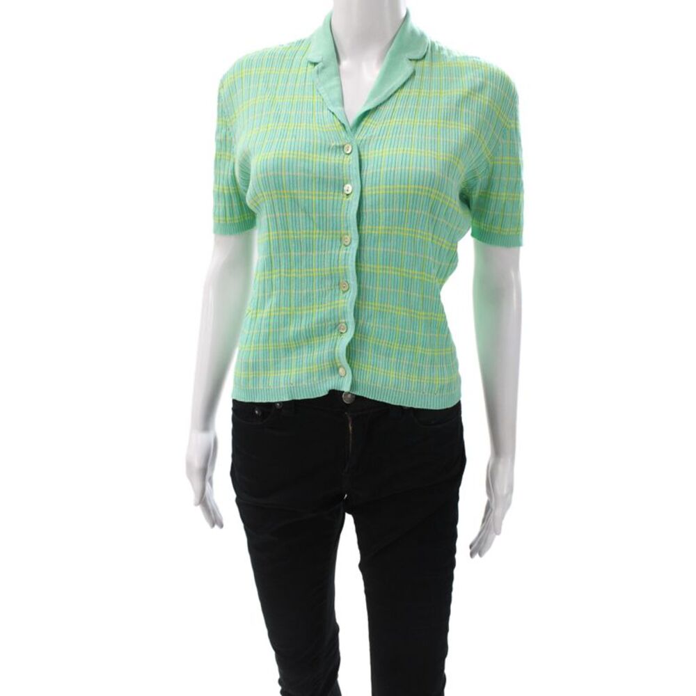 Luisa Spagnoli Women Button-Up Plaid Knit Top Short Sleeve Green Vintage Size S